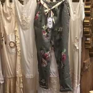 SAGE FLORAL LINEN PANTS